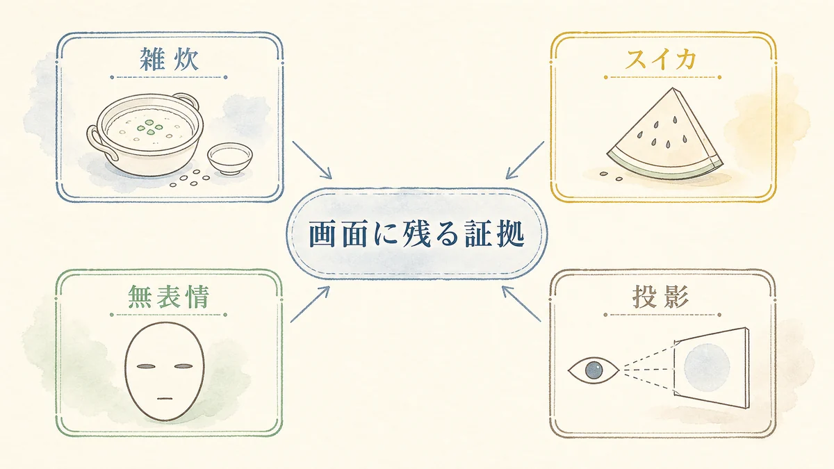 雑炊とスイカと無表情を画面に残る証拠として示す固定プリセット図解