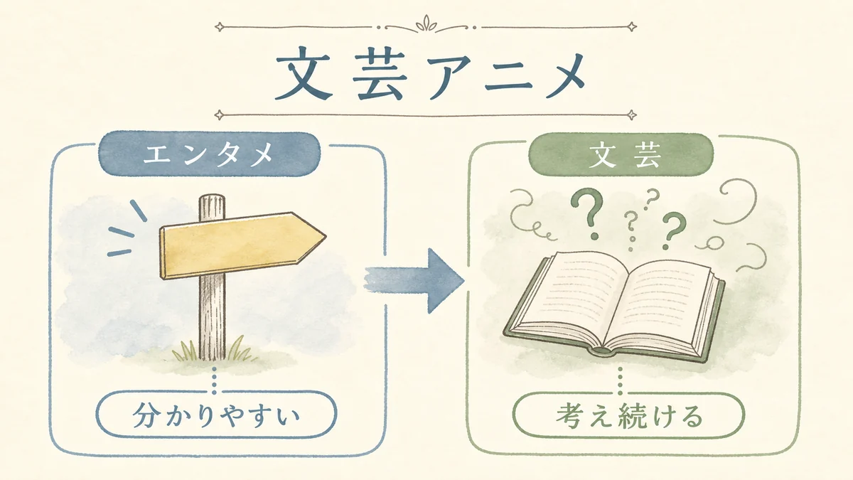 エンタメと文芸アニメの違いを対比する固定プリセット図解