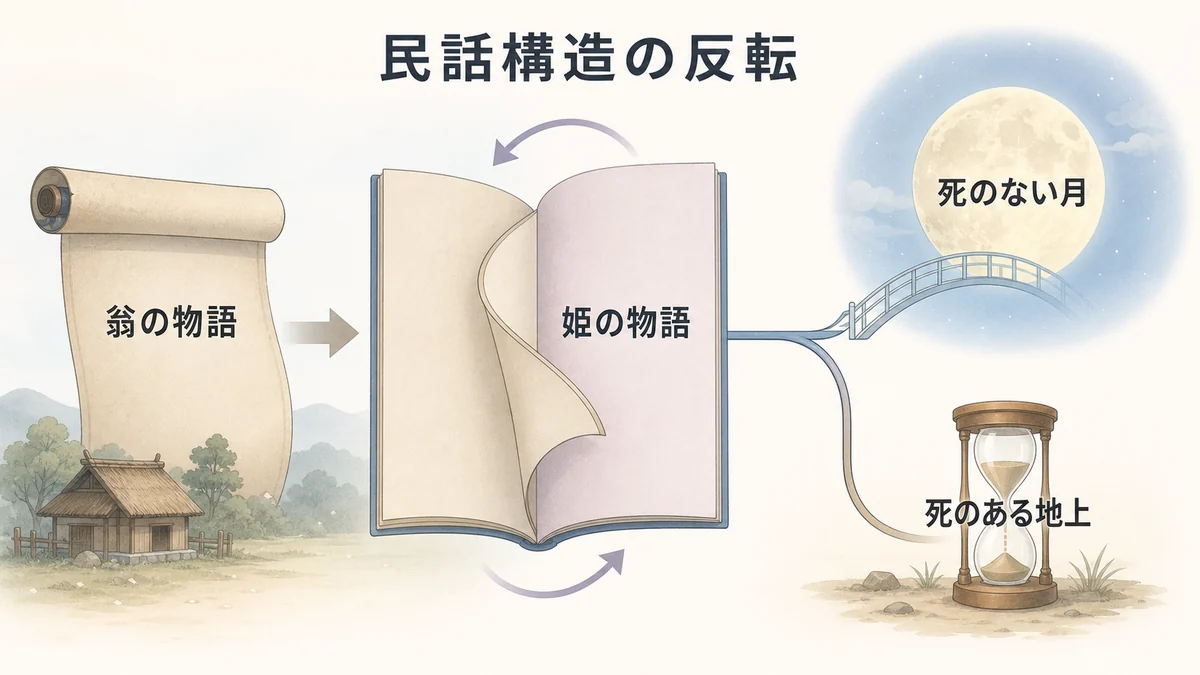 翁側の民話から姫側の物語へ主役が移り月と地上の価値観が対比される図解