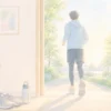 朝日と散歩で一日のスイッチを入れる様子を表した落ち着いたアニメ風画像