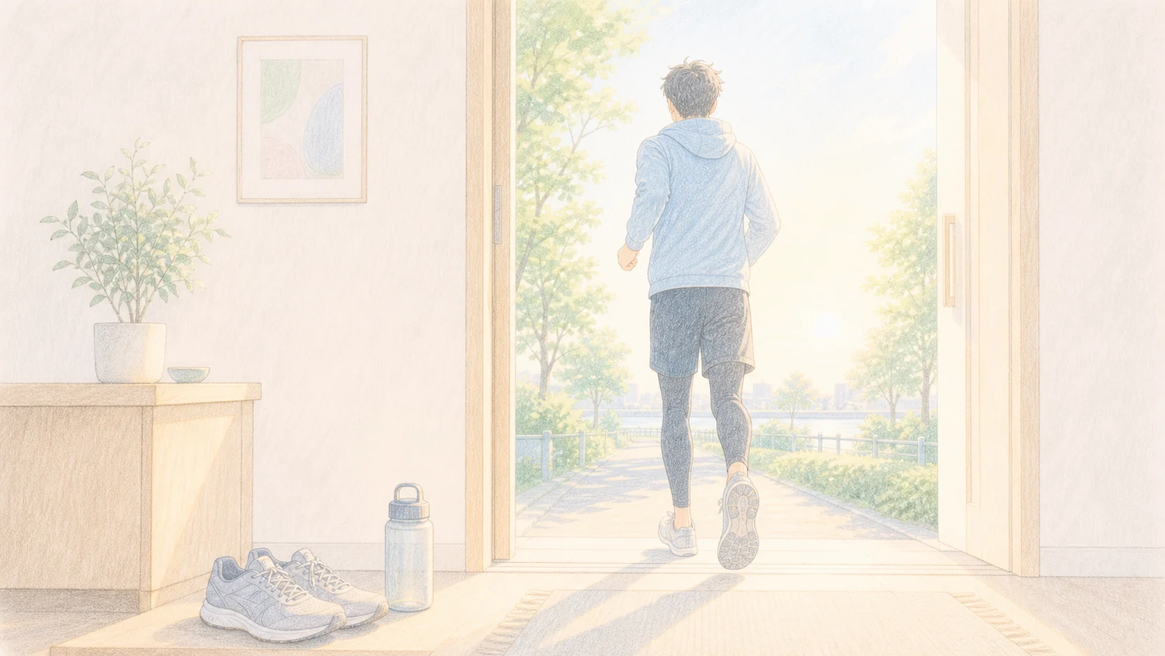 朝日と散歩で一日のスイッチを入れる様子を表した落ち着いたアニメ風画像