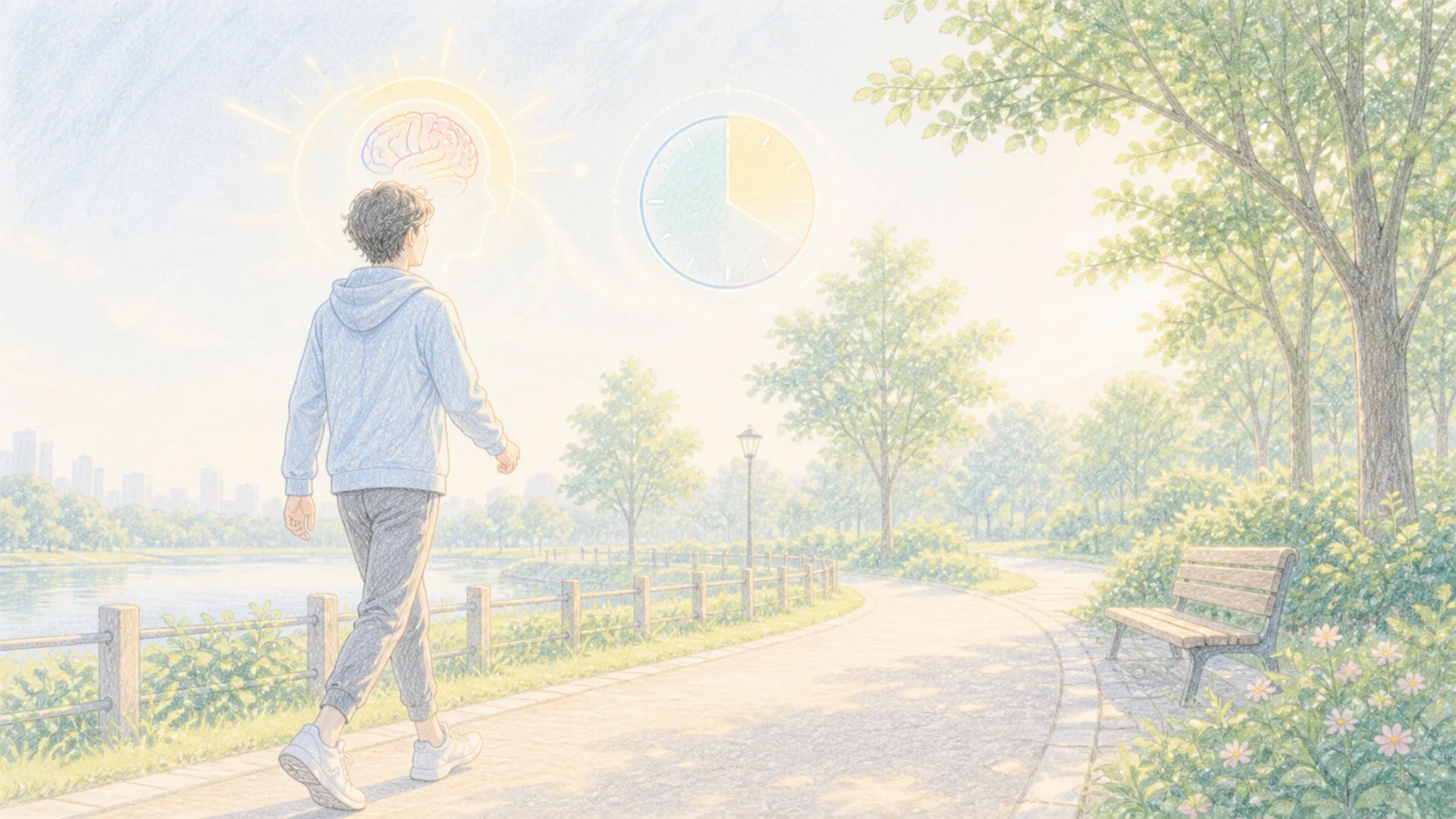 軽い朝の運動でも脳にスイッチが入る様子を公園の散歩で表したアニメ風画像