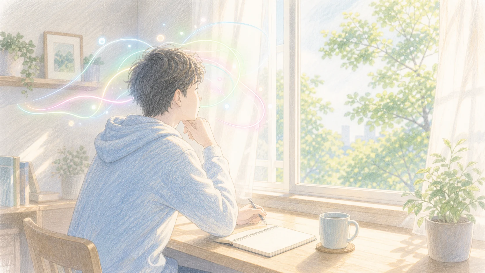 朝の散歩後に気分や集中力が整う様子を窓辺の光の流れで表したアニメ風画像