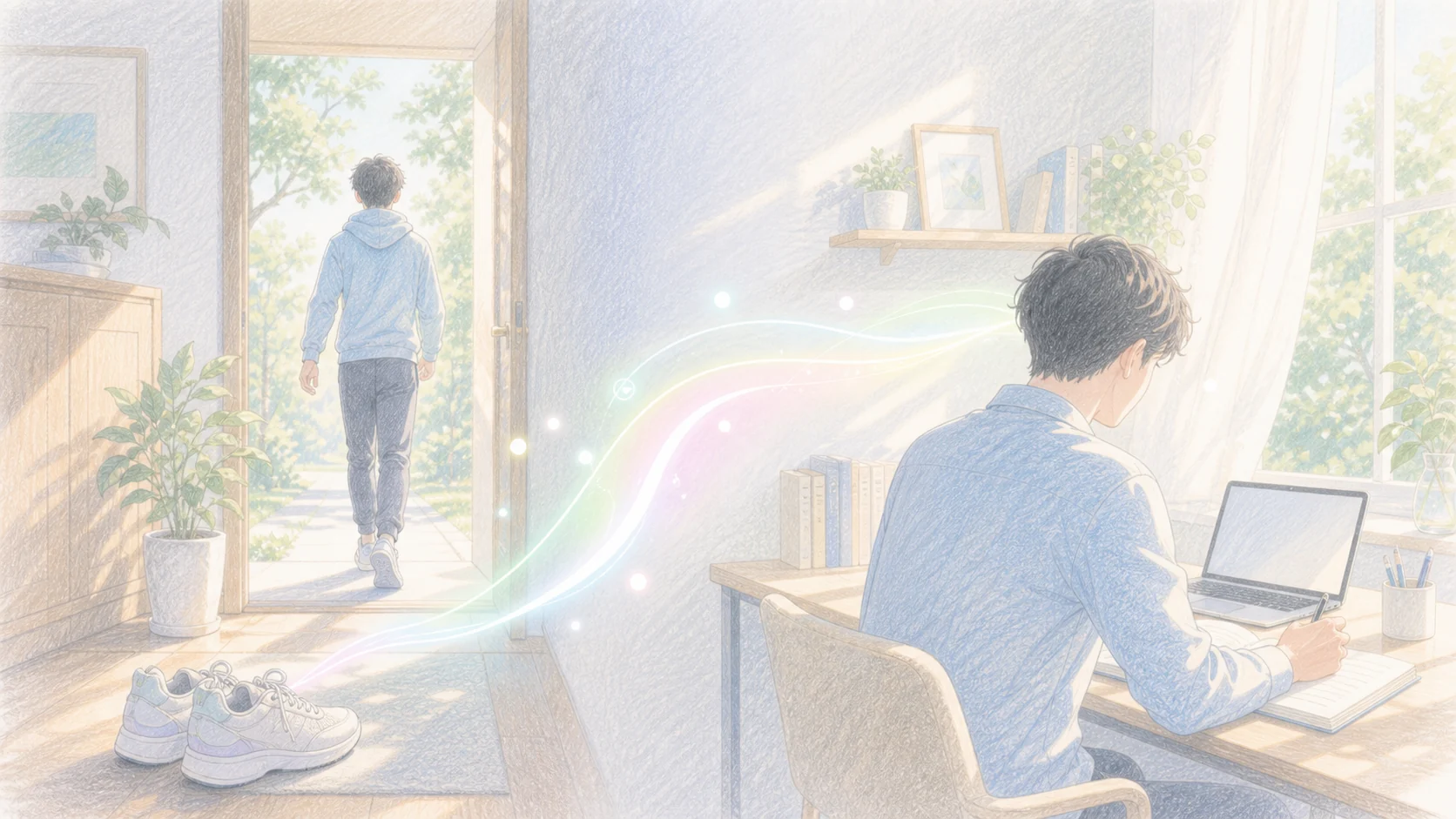 当日の朝運動が日中の集中へつながる様子を玄関と作業机で表したアニメ風画像