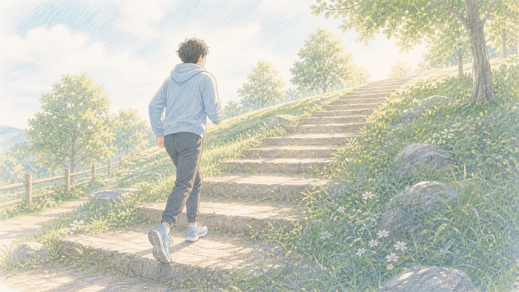 長期的に少しずつ負荷を上げる様子を朝の小さな段差で表したアニメ風画像