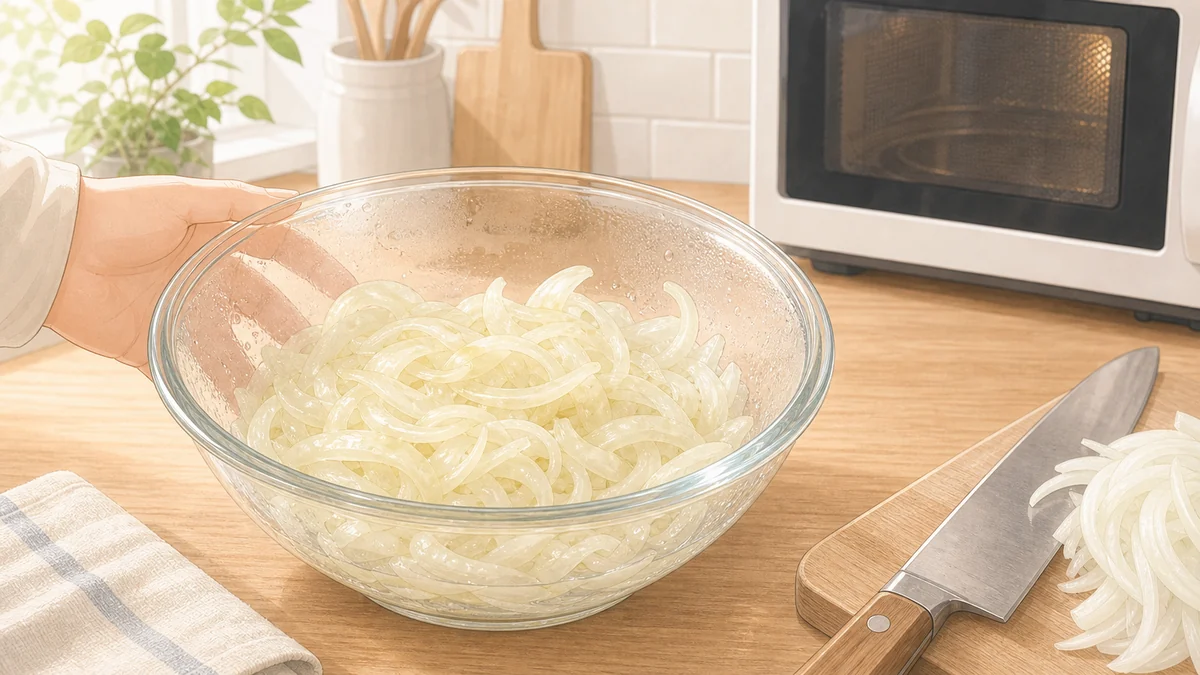 薄切り玉ねぎをレンジで加熱して水分を飛ばす工程
