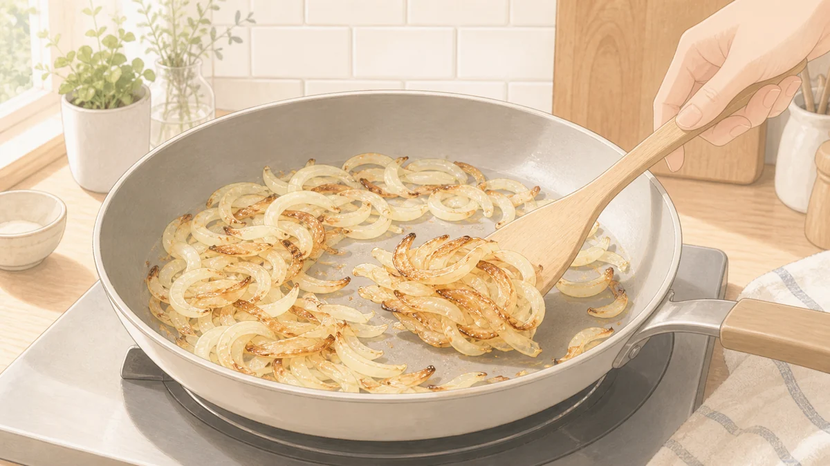 フライパンで玉ねぎを広げて焼き付け飴色にする工程