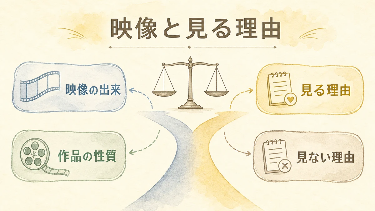 映像美と見る理由を分けて考える批評軸を示した図解
