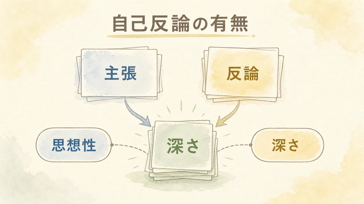 テーマに対する自己反論が作品の思想性を深める様子を示した図解