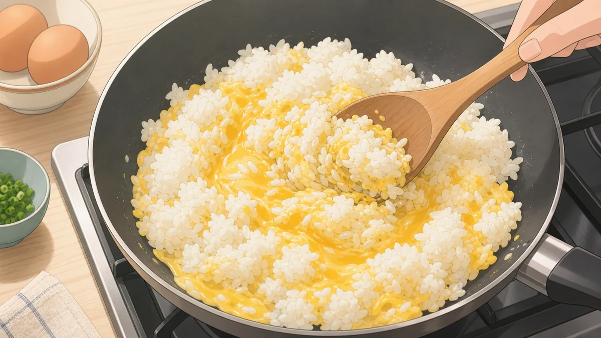 熱々ご飯と卵2個で黄金色の炒飯の土台を作る場面