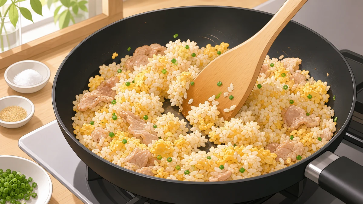 お玉の裏でご飯をほぐし調味料を均一に混ぜる場面