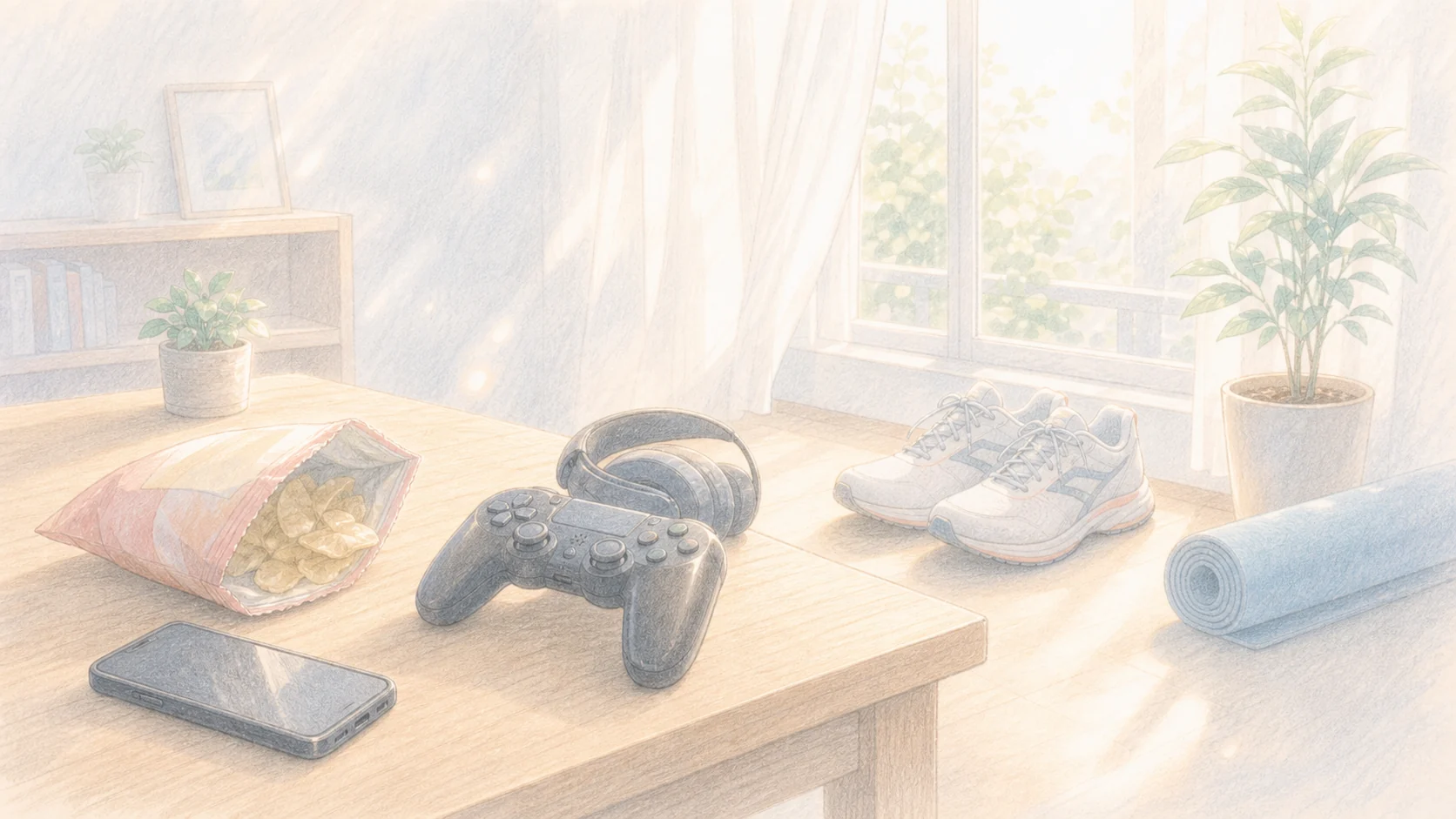 強い刺激を減らして運動と自然光へ戻す生活環境を表した落ち着いたアニメ風画像