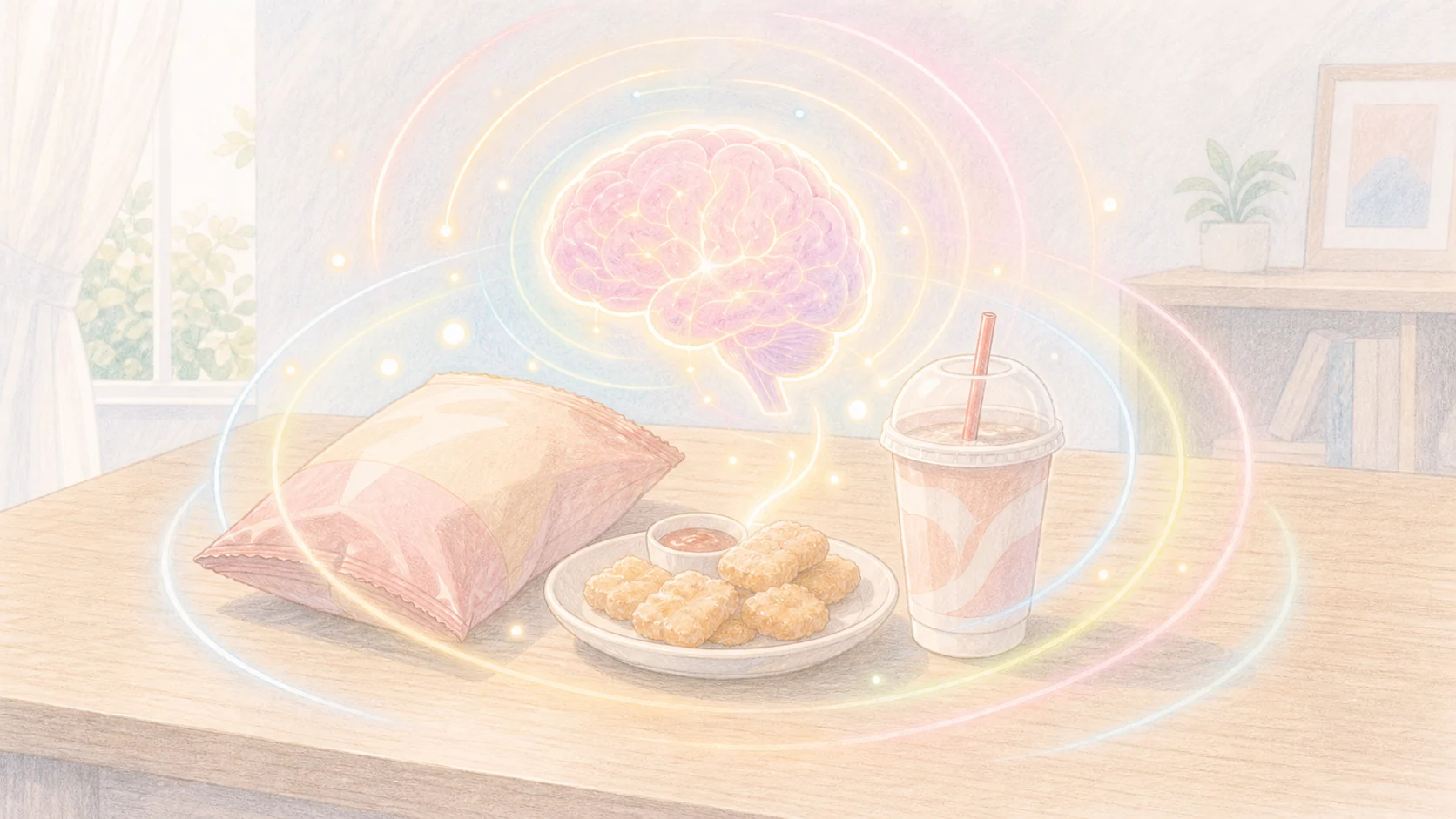 ジャンクフードが脳を強く刺激する様子を食卓と刺激の輪で表したアニメ風画像