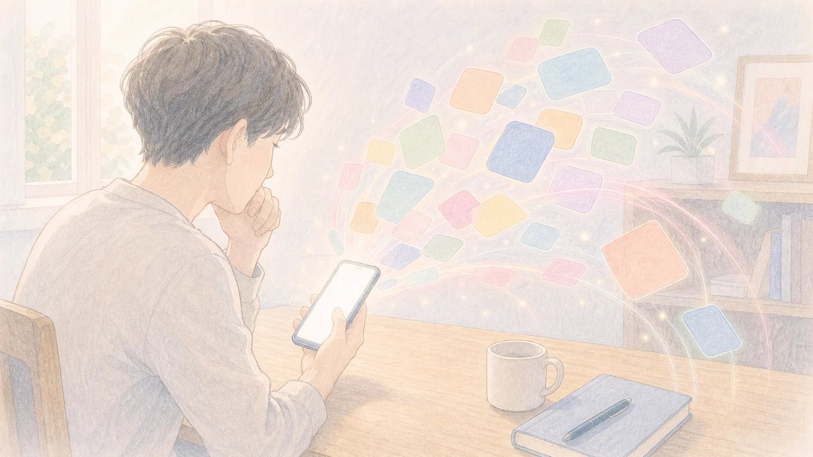 ネットやSNSの未知の刺激が注意を奪う様子を空白タイルで表したアニメ風画像