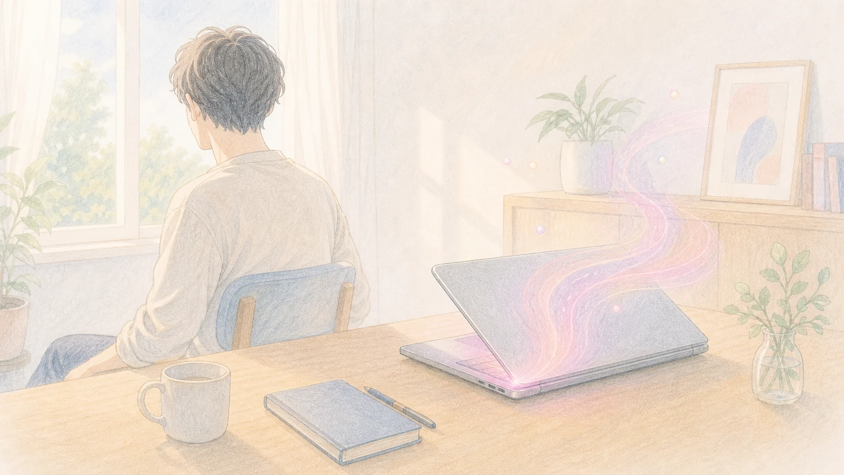 過剰な性的コンテンツから距離を置く様子を閉じかけた画面と自然光で表したアニメ風画像