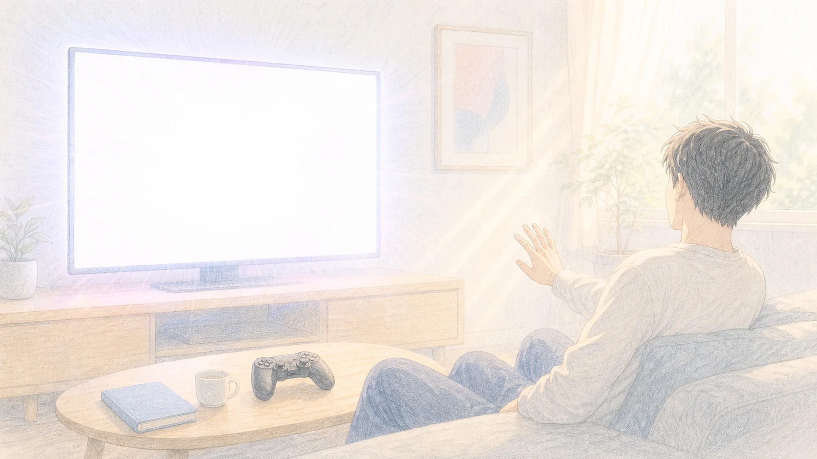 強い光やゲームの刺激量を空白スクリーンとコントローラーで表したアニメ風画像