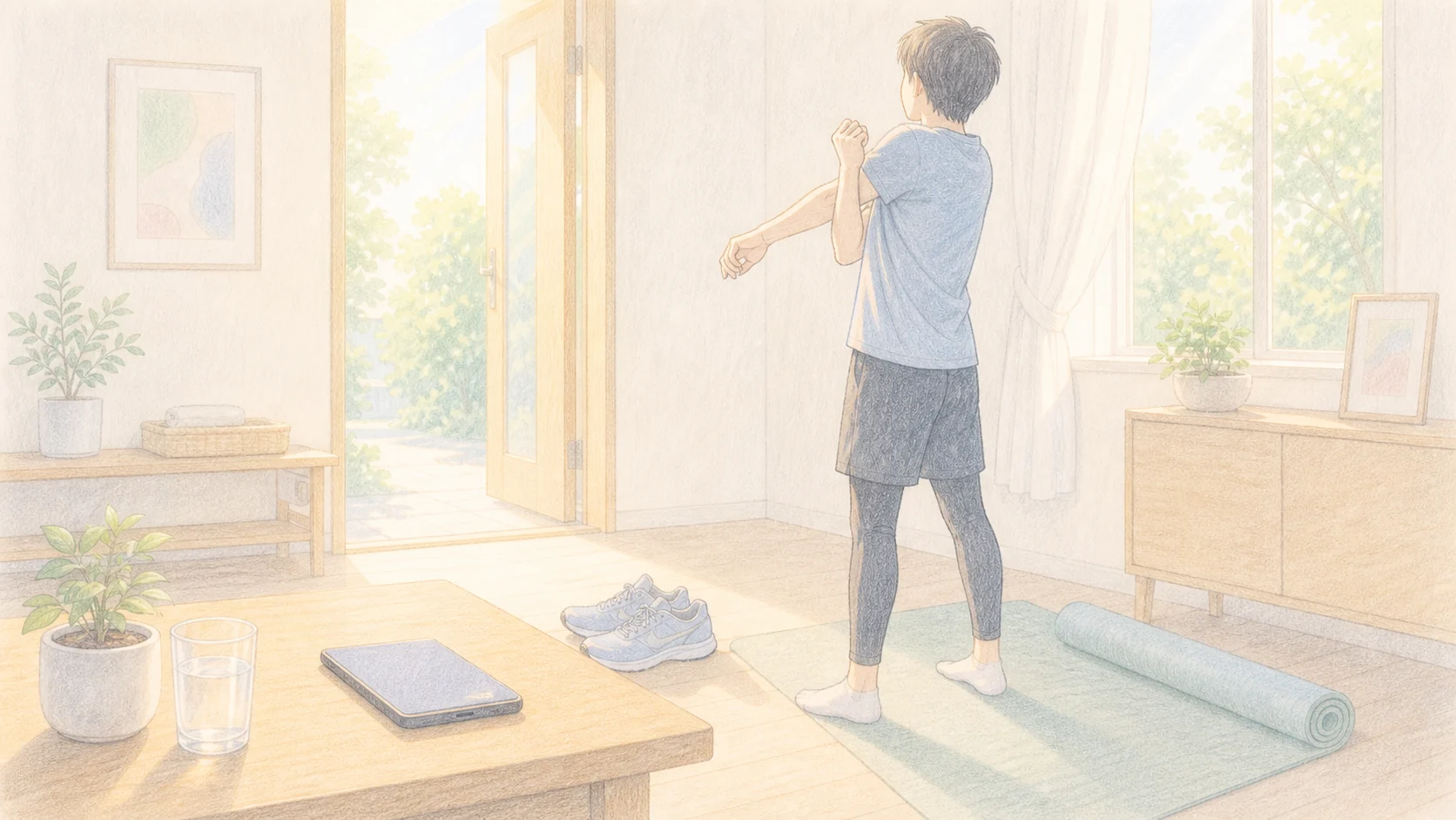 運動が刺激に振り回されにくくする土台になる様子を朝のストレッチで表したアニメ風画像