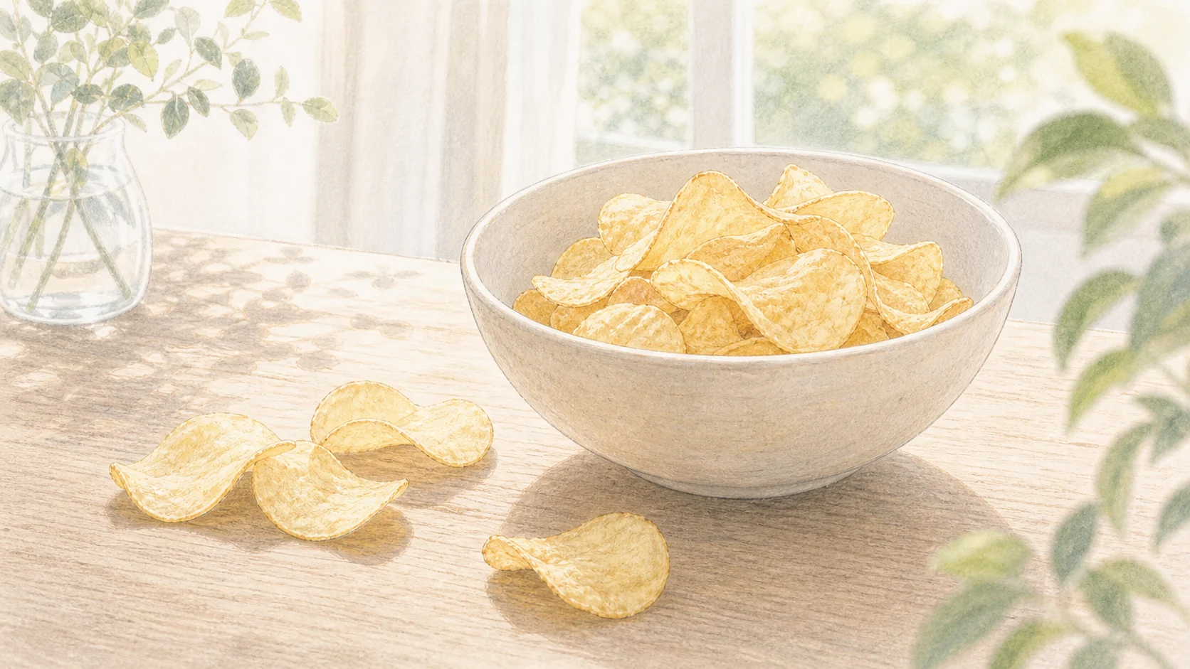 薄く軽いポテトチップスの食べやすさを表すアニメ風の器と小皿