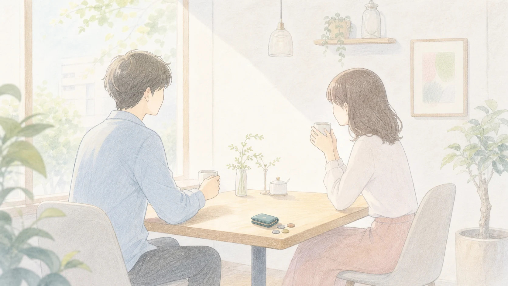 お金と人間関係の距離感を明るいカフェの会話で表したアニメ風画像