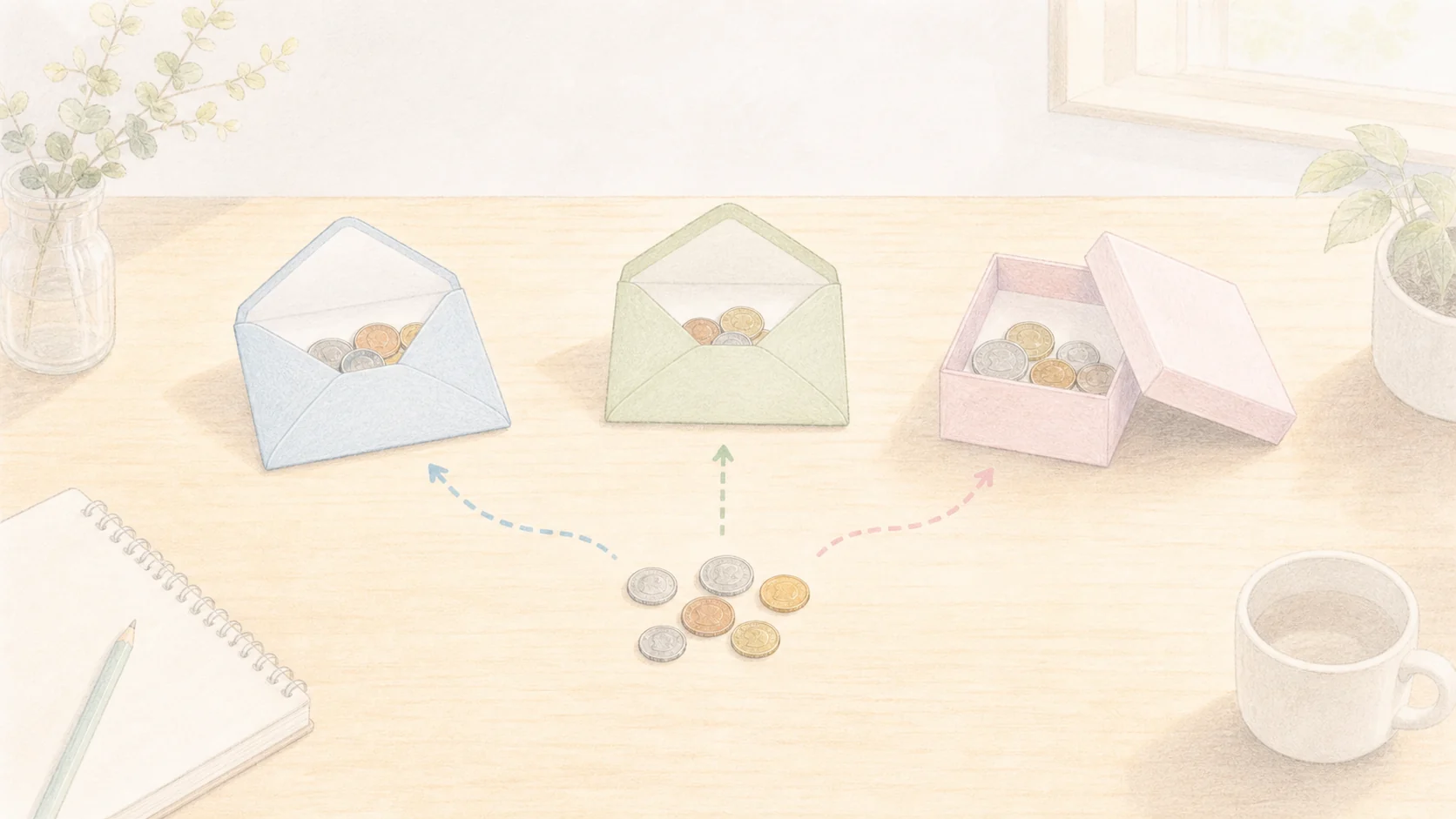 心理会計で同じお金を別々に扱う様子を封筒とコインで表したアニメ風画像