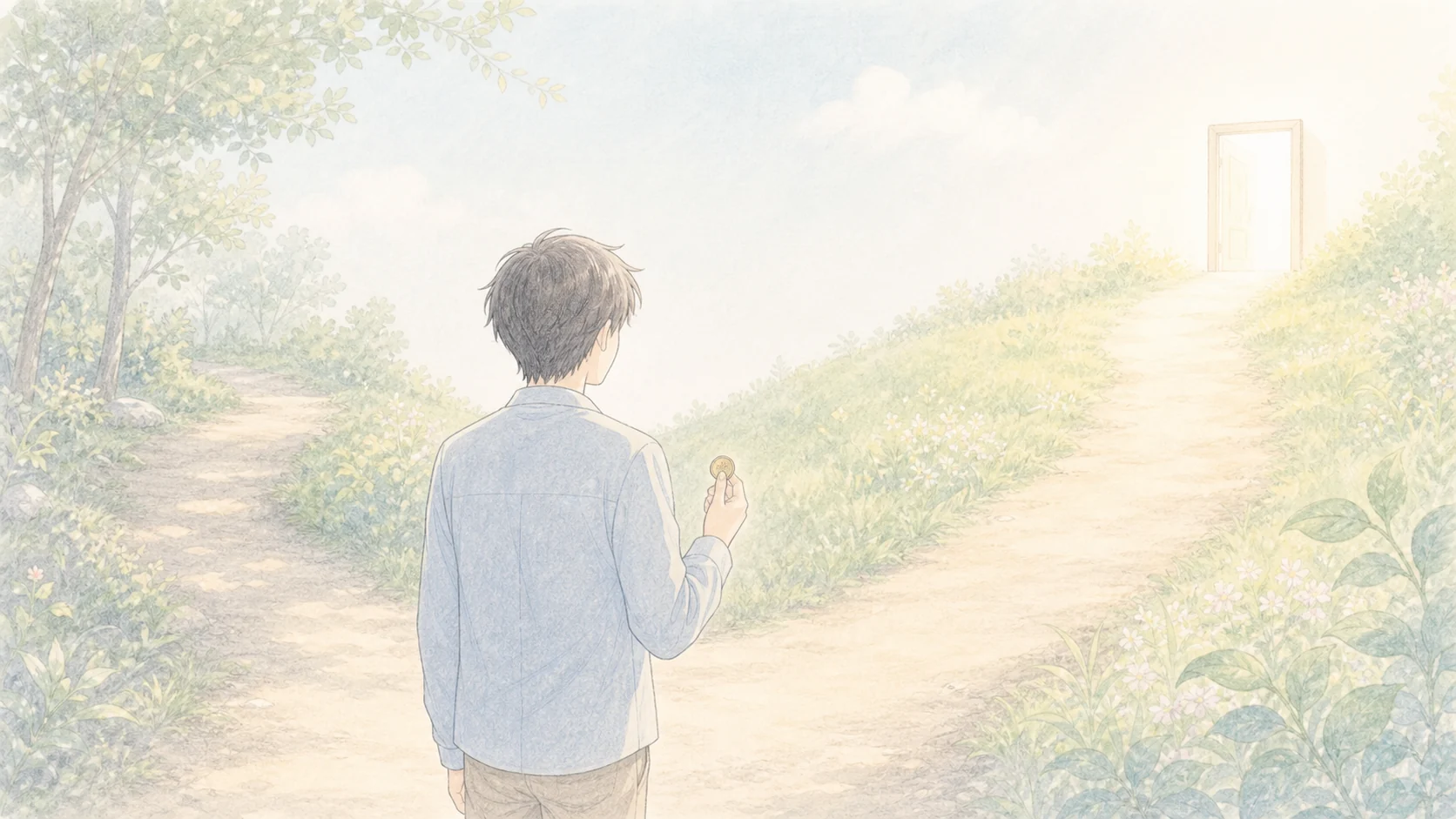 損失回避と後悔回避で選択肢の前に立ち止まる様子を分かれ道で表したアニメ風画像