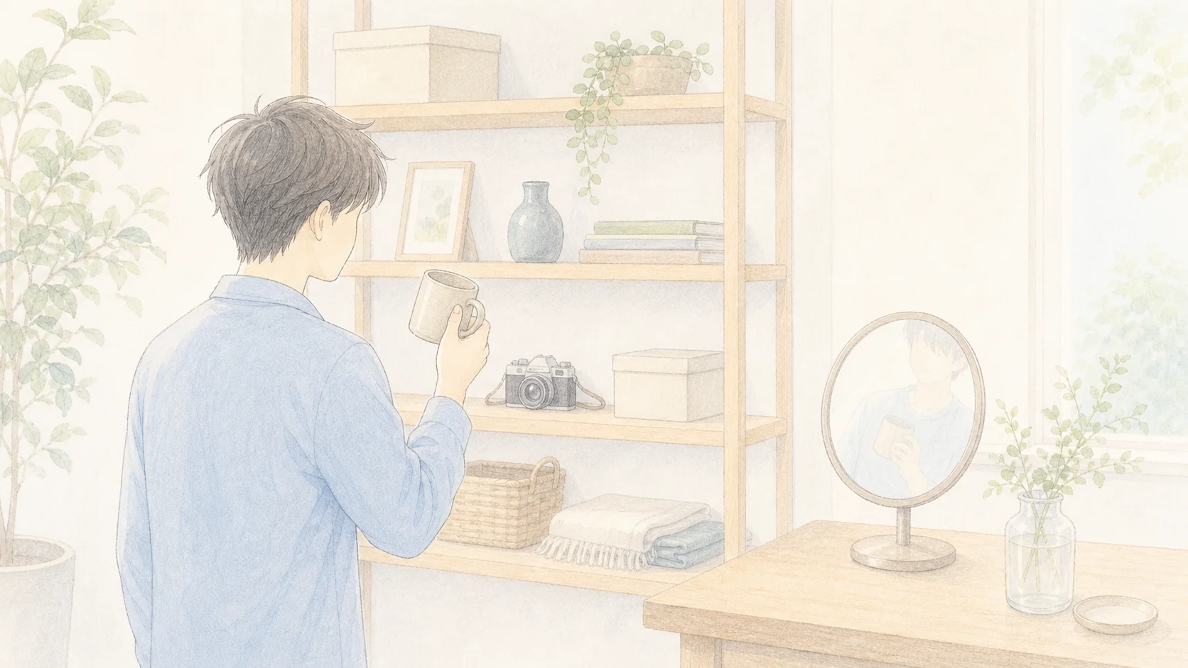 保有効果や見栄で価値判断がゆがむ様子を棚の持ち物と鏡で表したアニメ風画像