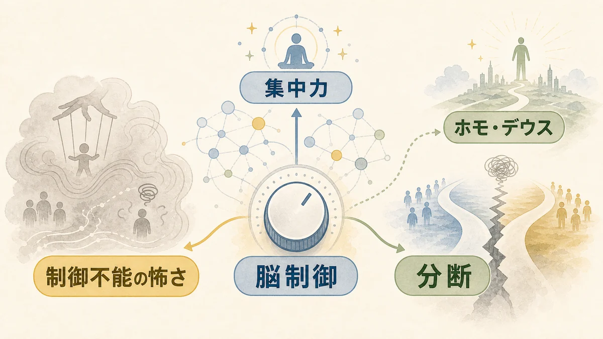 脳制御技術とホモデウス化による人類の分断を示す固定プリセット図解