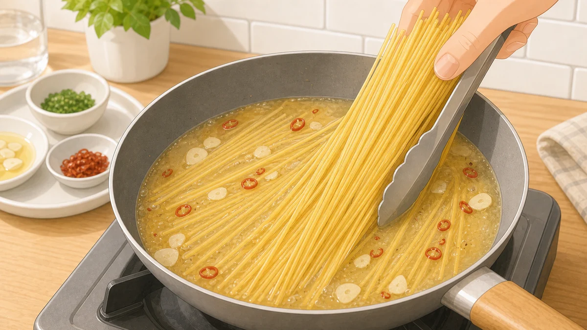 コンソメ入りの少量の湯でパスタを直接煮る工程