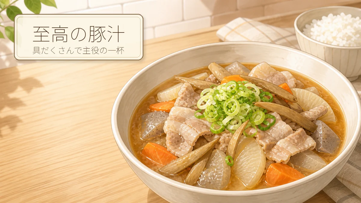 具だくさんの至高の豚汁を示すアイキャッチ