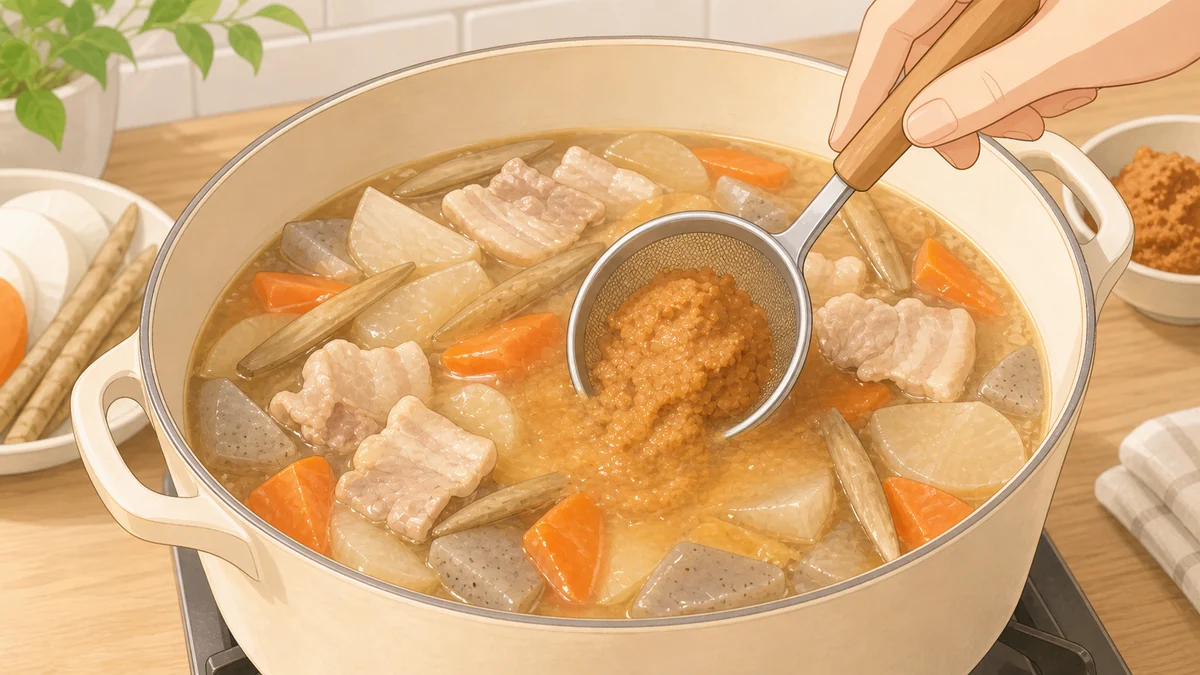 味噌を最初から溶かして具材に味を含ませる工程