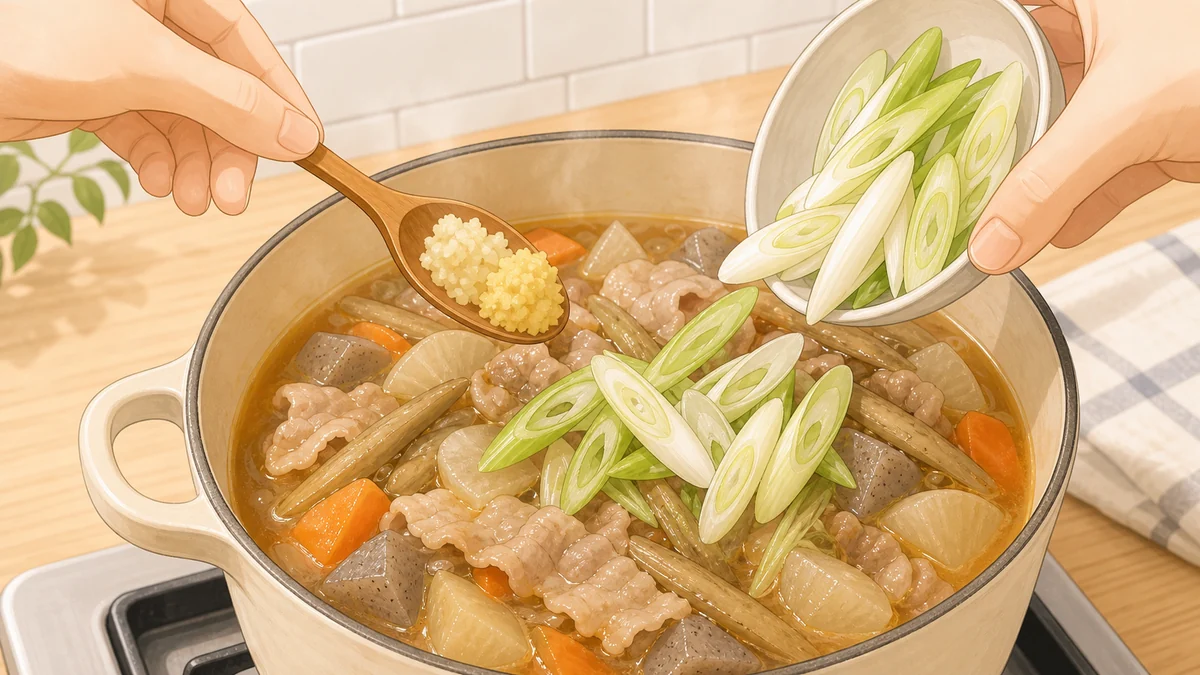 にんにくと生姜と長ネギを最後に加えて香りを残す工程