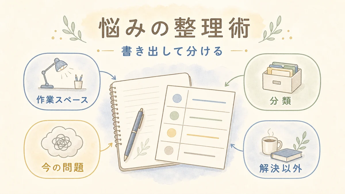 悩みを書き出して分類し解決以外の扱い方へ広げる固定プリセット図解アイキャッチ
