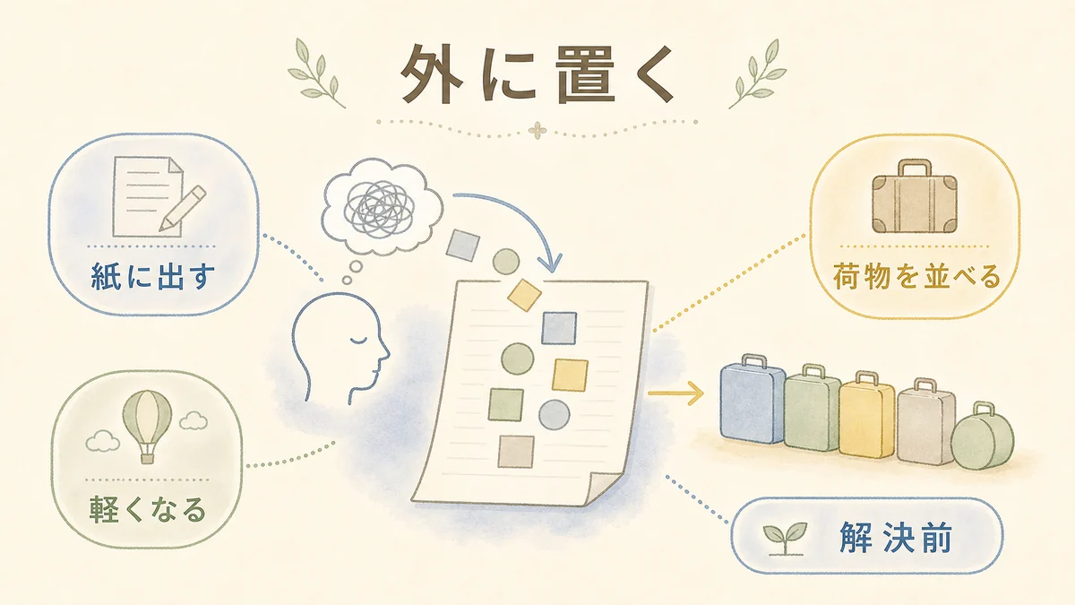 悩みを紙に出して荷物のように並べることで軽くなる様子を示す固定プリセット図解