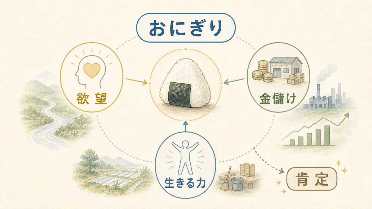 おにぎりを欲望と金儲けの肯定として読む固定プリセット図解