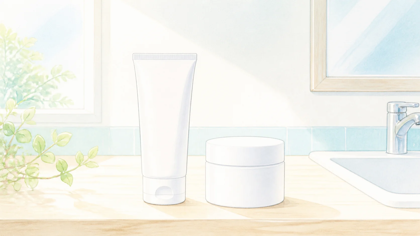 日焼け止めと保湿剤というスキンケアの二本柱を表すアニメ風の洗面台