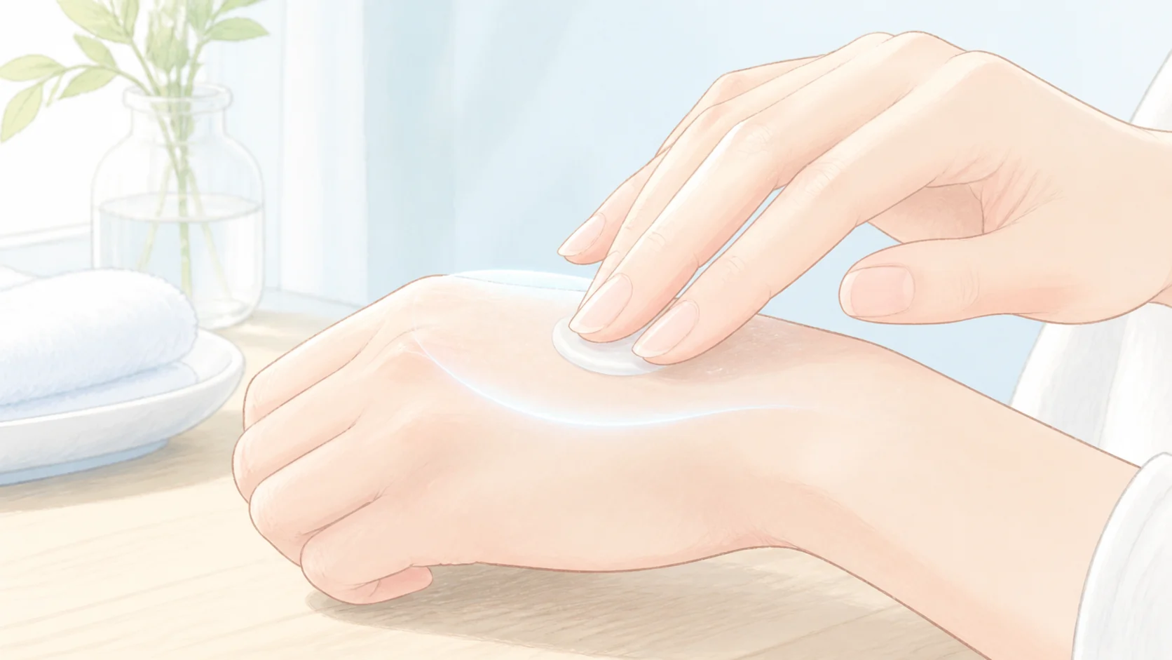 保湿剤が肌表面に膜を作るイメージを表すアニメ風の手元