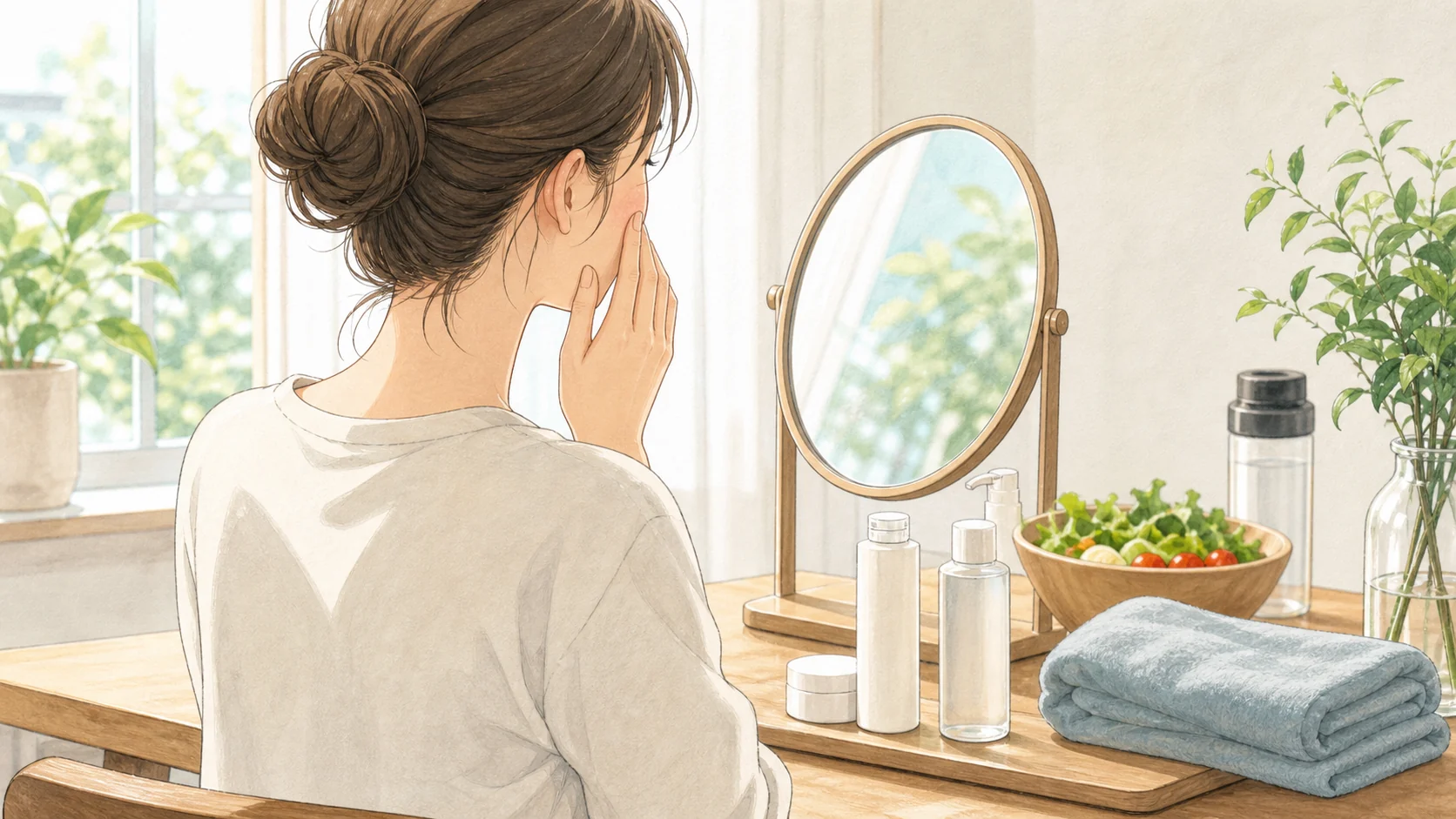 体型、肌、健康習慣と若々しさの関係をやわらかく表す明るいアニメ風の視聴ガイド画像