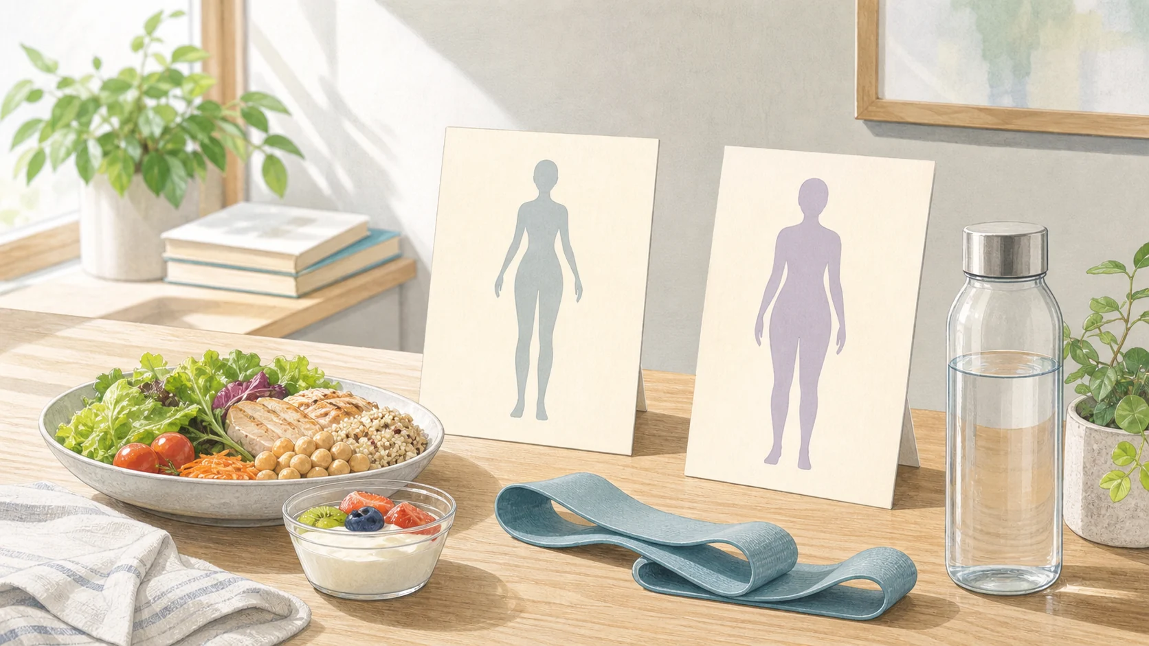 健康的な体型と好まれやすい体型のズレを中立的に表すアニメ風の研究資料と生活習慣の画像