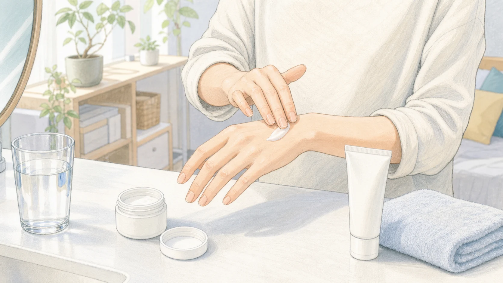 若々しさを肌や生活の整い方として表すアニメ風のスキンケアの手元