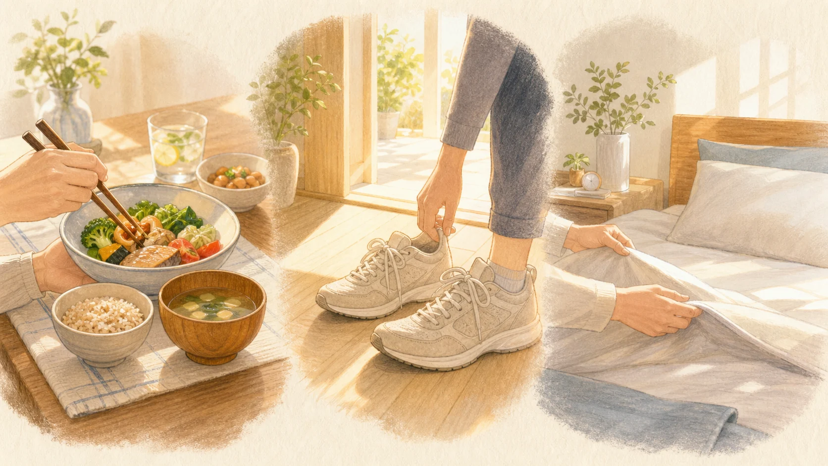 健康的な食事、散歩、睡眠で健康感の見え方を表すアニメ風の生活シーン