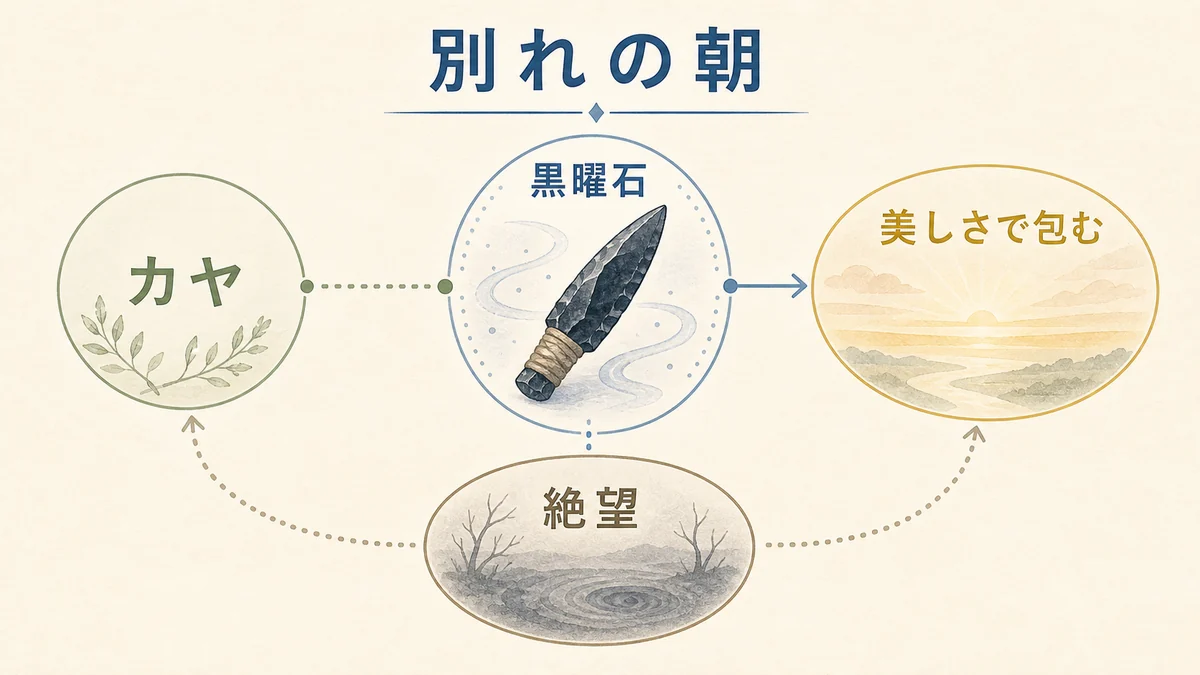 カヤとの別れと旅立ちの朝に包まれたアシタカの絶望を示す固定プリセット図解