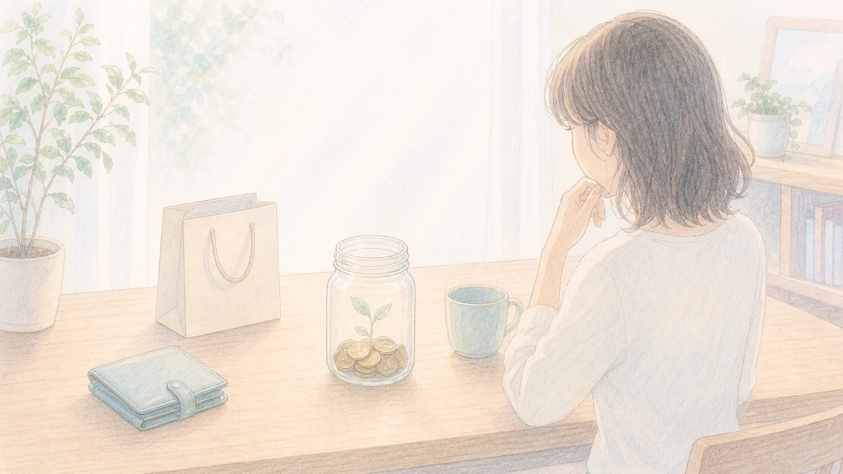 買う前に立ち止まる支出の見直しを財布と貯金瓶で表した落ち着いたアニメ風画像
