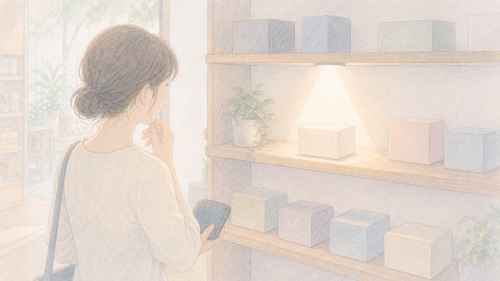限定品に惹かれる癖を疑う様子をスポットライトの商品箱で表したアニメ風画像
