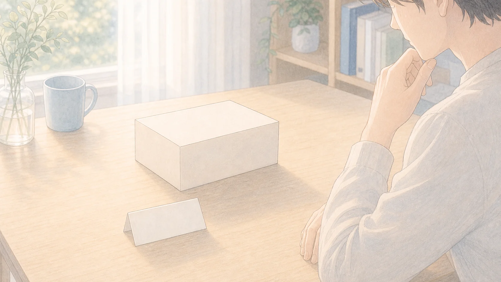 値段を見る前に欲しいか決める考え方を商品箱と裏返しカードで表したアニメ風画像