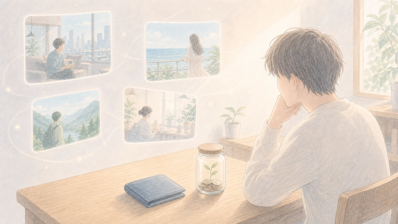 他人と比べる癖をやめて自分の机へ向き直る様子を表したアニメ風画像
