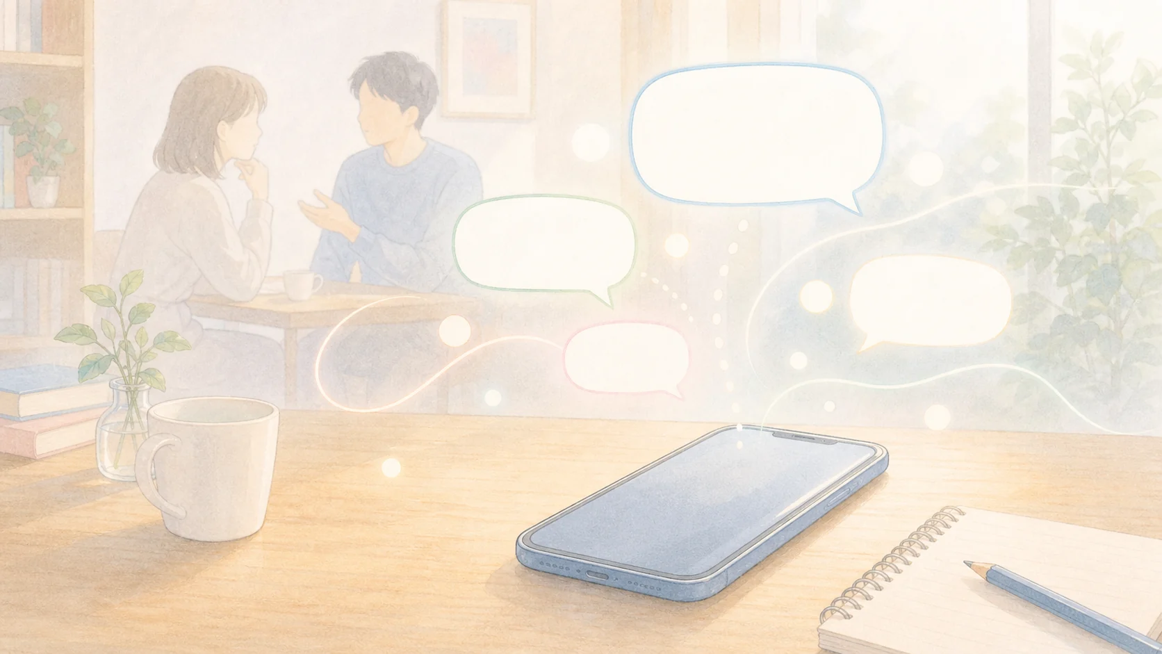 空白の吹き出しとスマートフォンで言葉の読み取りを表した落ち着いたアニメ風画像