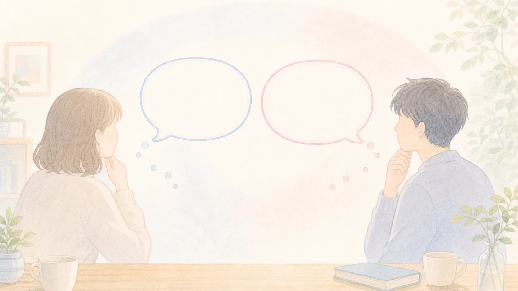 同じ単語でも人によって意味が違うことを色の違う空白吹き出しで表したアニメ風画像
