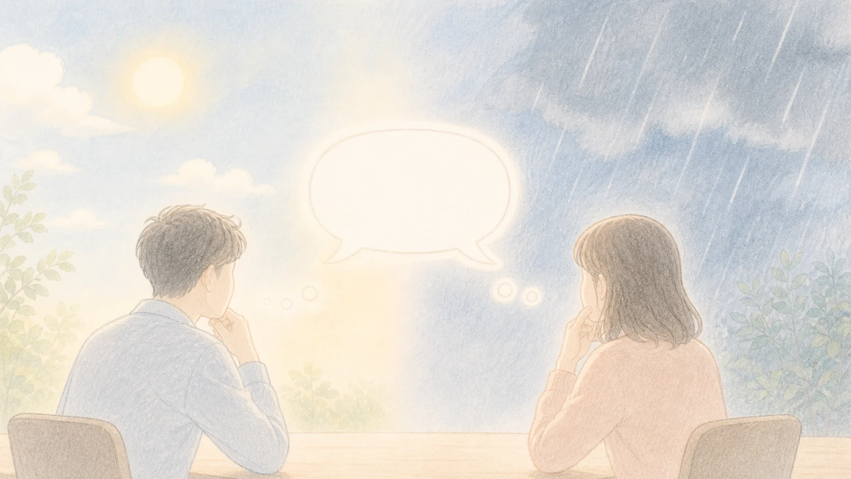 文脈と感情で言葉の意味が変わることを晴れ色と雨色の背景で表したアニメ風画像