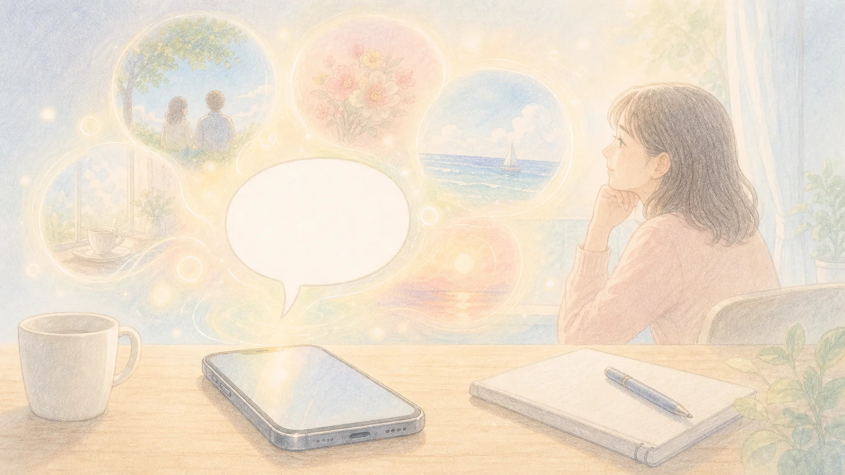 言葉が感情を呼び起こす様子を空白吹き出しから広がる光で表したアニメ風画像