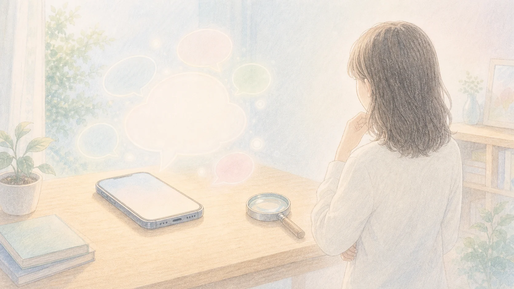 読みすぎに注意して一歩引く姿勢をスマートフォンと拡大鏡で表したアニメ風画像